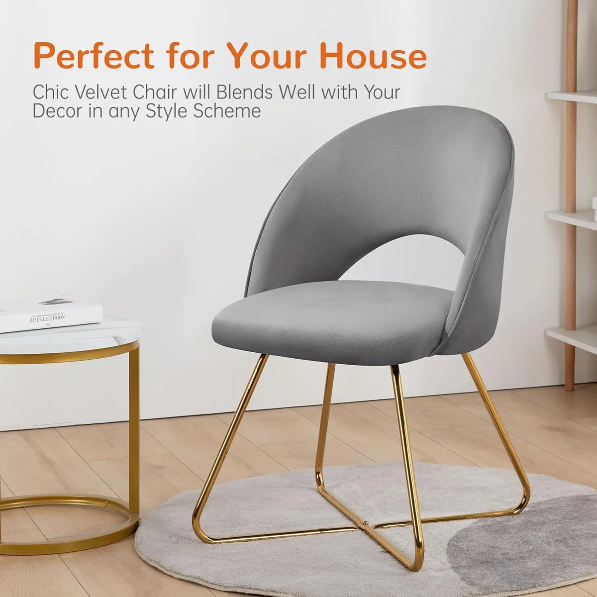 Lightgrey Velvet Upholstered Vanity Chair with Metal Legs S596