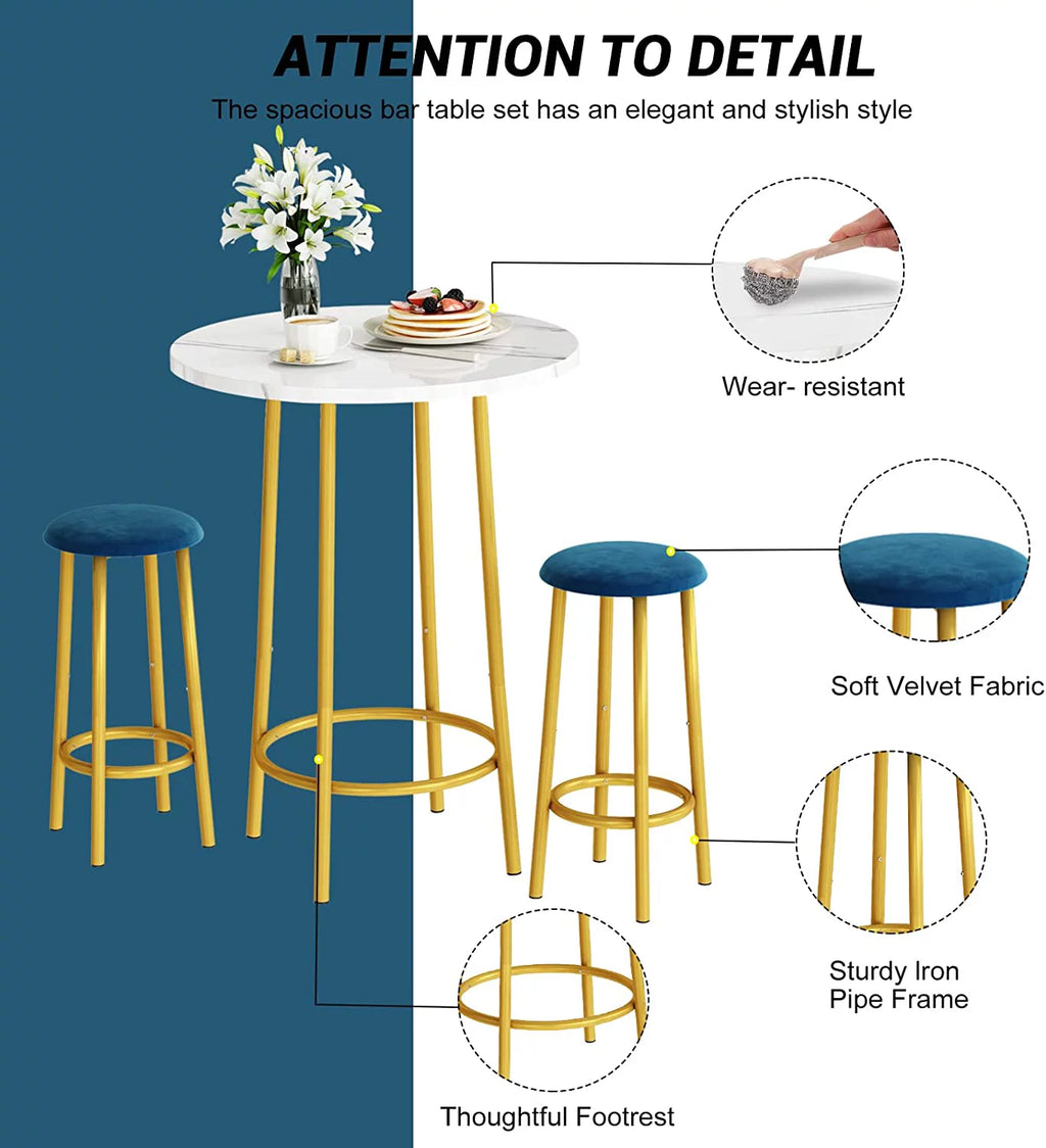 3 Pieces Round Faux Marble Bar Table and Chairs Set W501