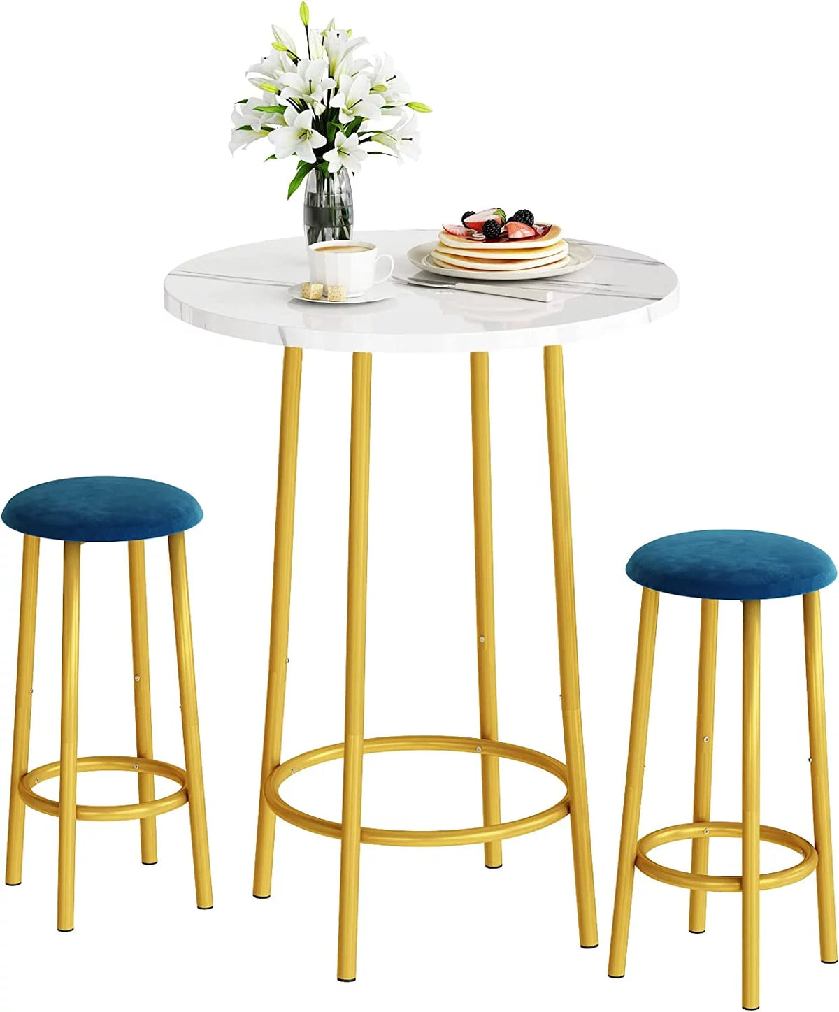 3 Pieces Round Faux Marble Bar Table and Chairs Set W501
