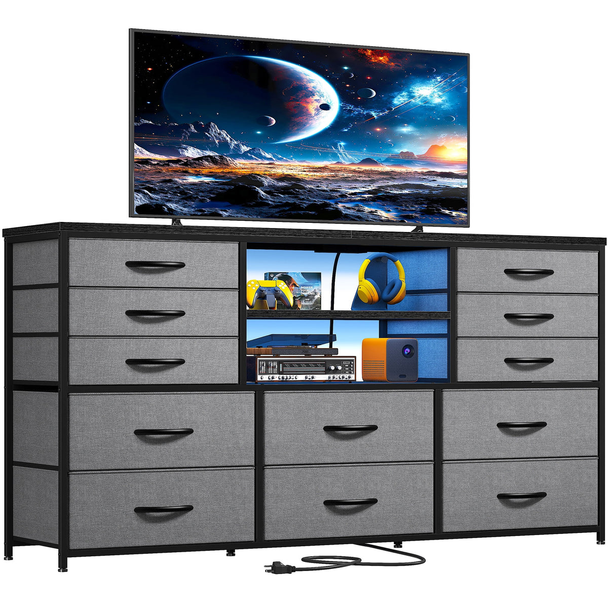 Black TV Stand with 12 Fabric Drawers A681