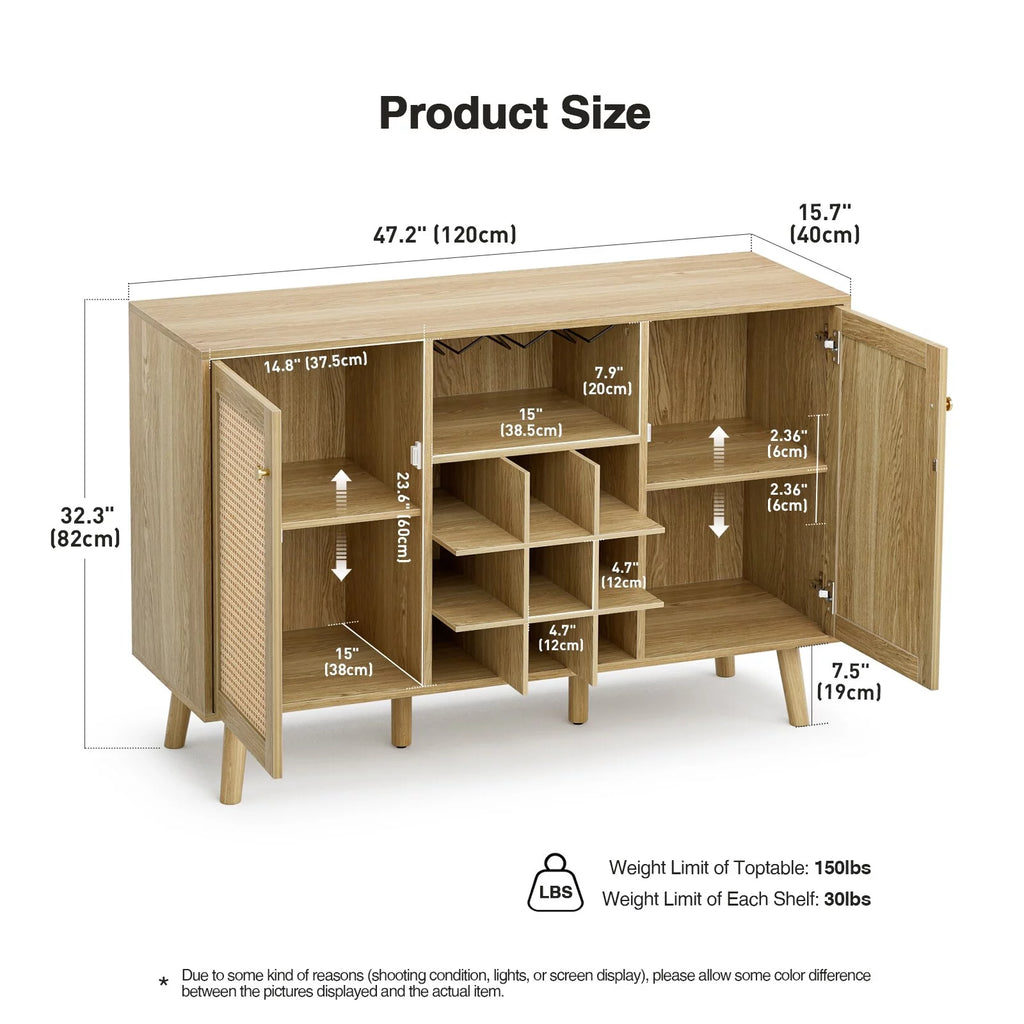 Oak Rattan Wine Bar Cabinet with Wine Rack and Glass Holder W714