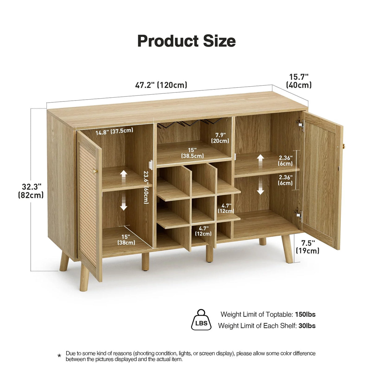 Oak Rattan Wine Bar Cabinet with Wine Rack and Glass Holder W714