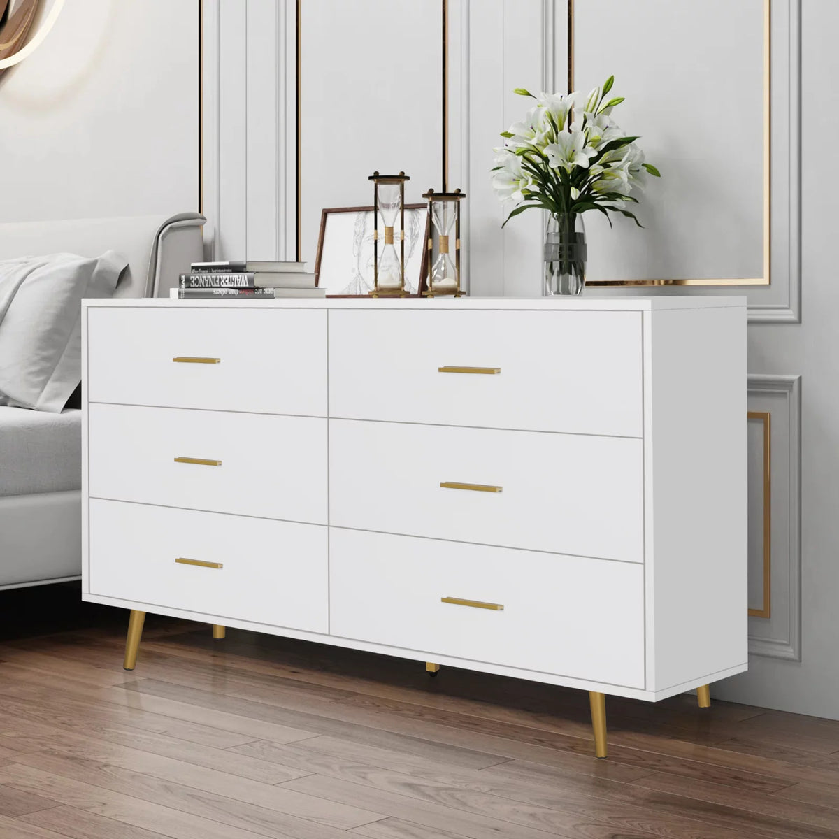 Wood 6 Drawer Dresser with Metal Handles C9261