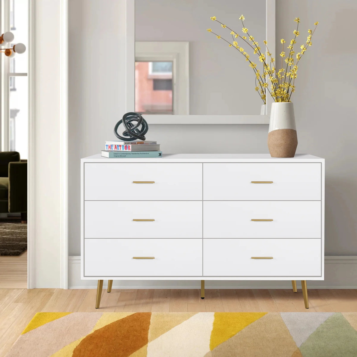 Wood 6 Drawer Dresser with Metal Handles C9261