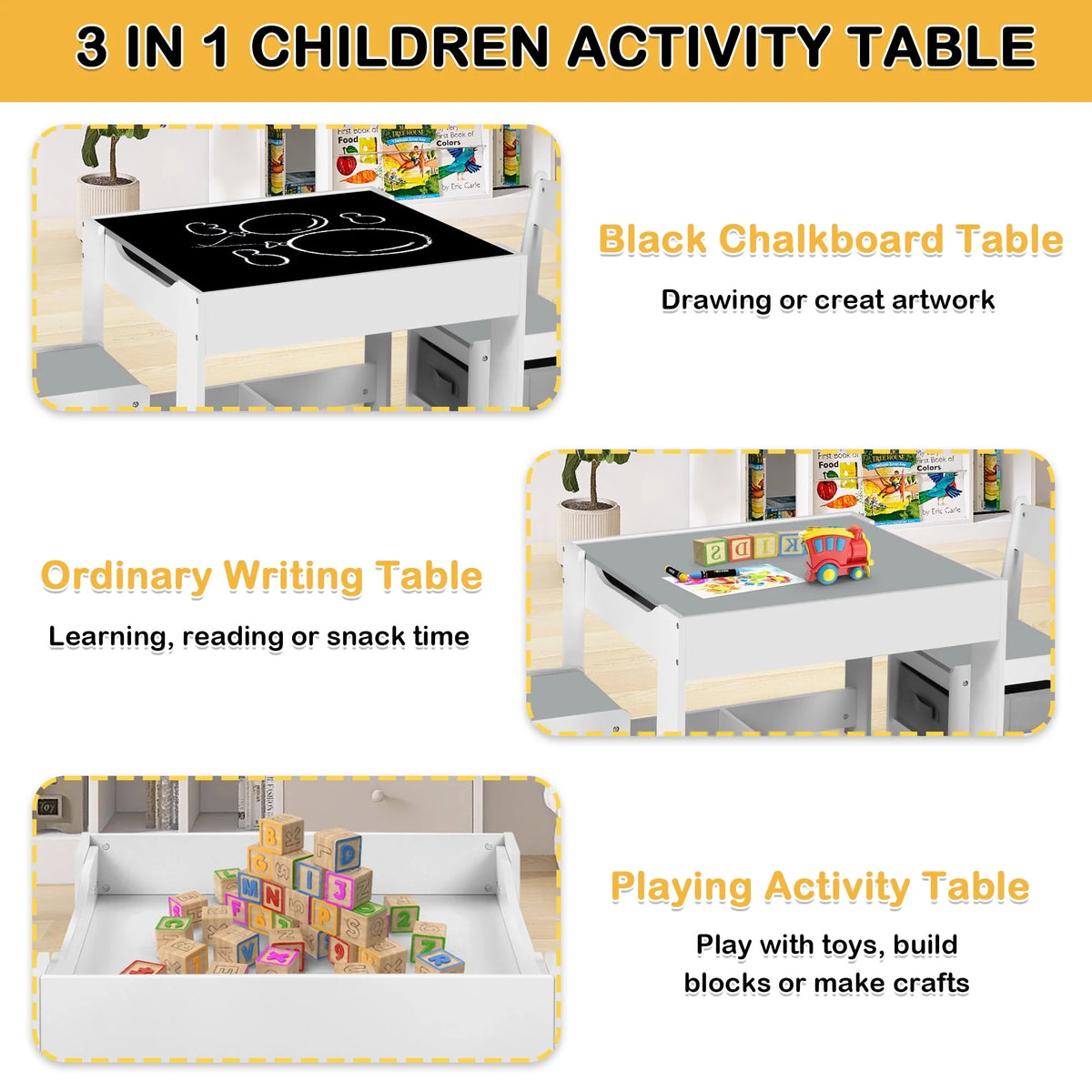 3 in 1 Kids Wood Table & 2 Chairs Set Grey Q352