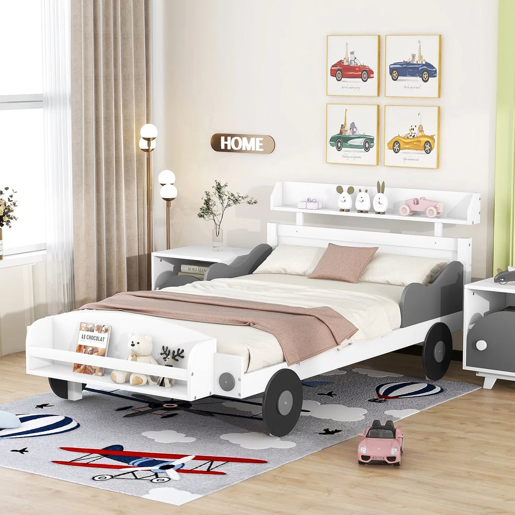 Twin Size Car-Shaped Platform Bed with Storage Shelf U1751