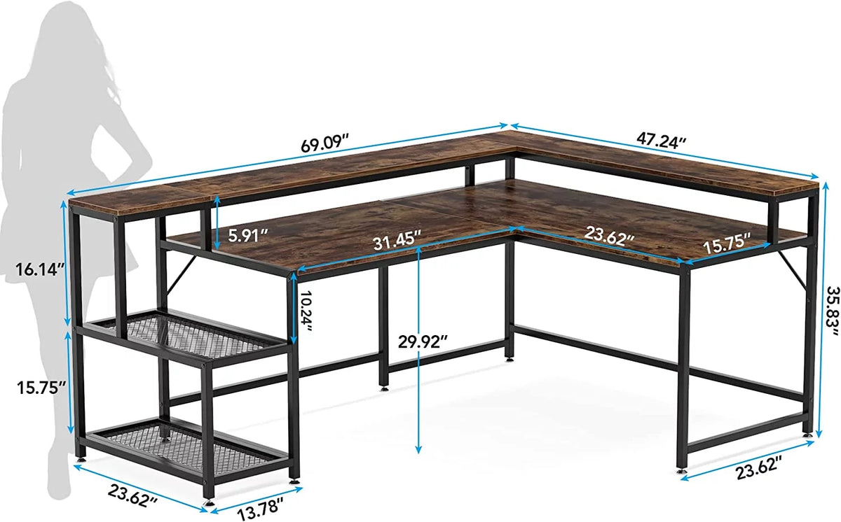 69" Reversible L Shaped Corner Computer Desk with Monitor Stand Z84010