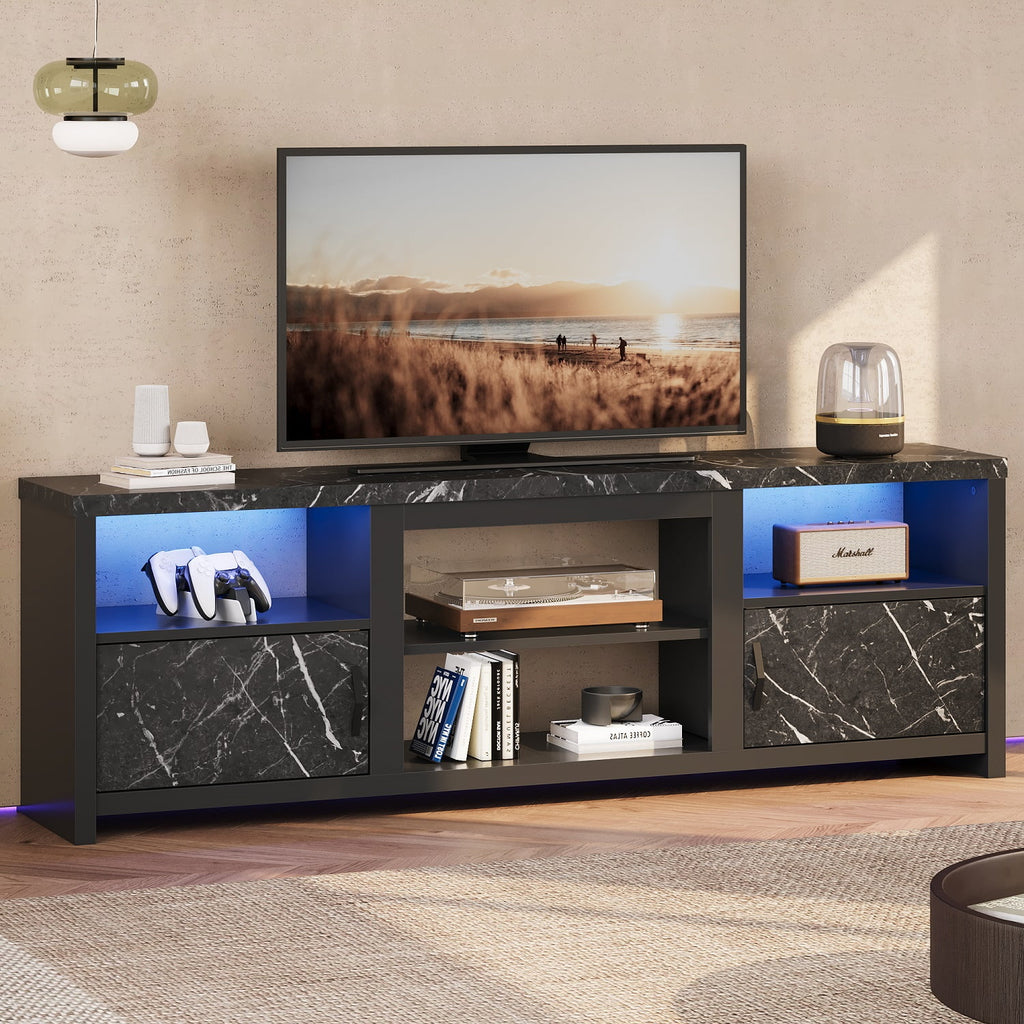 70 LED TV Stand with Cabinet & Open Shelves, Black Marble N87305