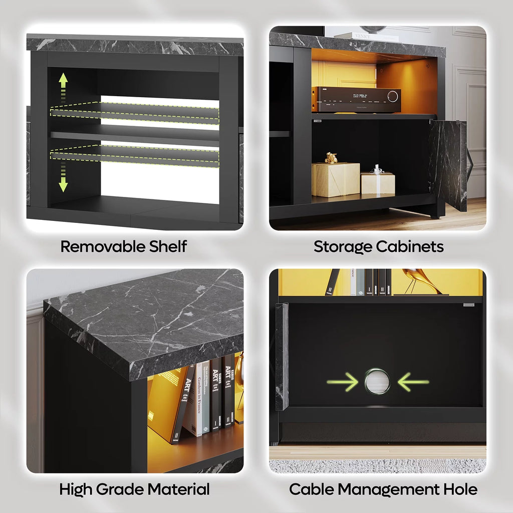 70 LED TV Stand with Cabinet & Open Shelves, Black Marble N87305