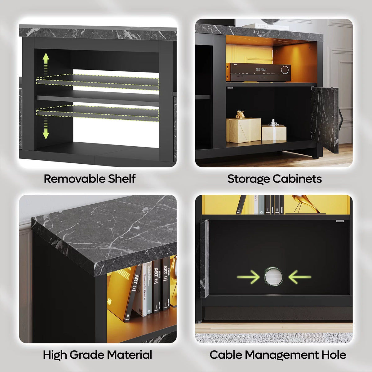 70 LED TV Stand with Cabinet & Open Shelves, Black Marble N87305
