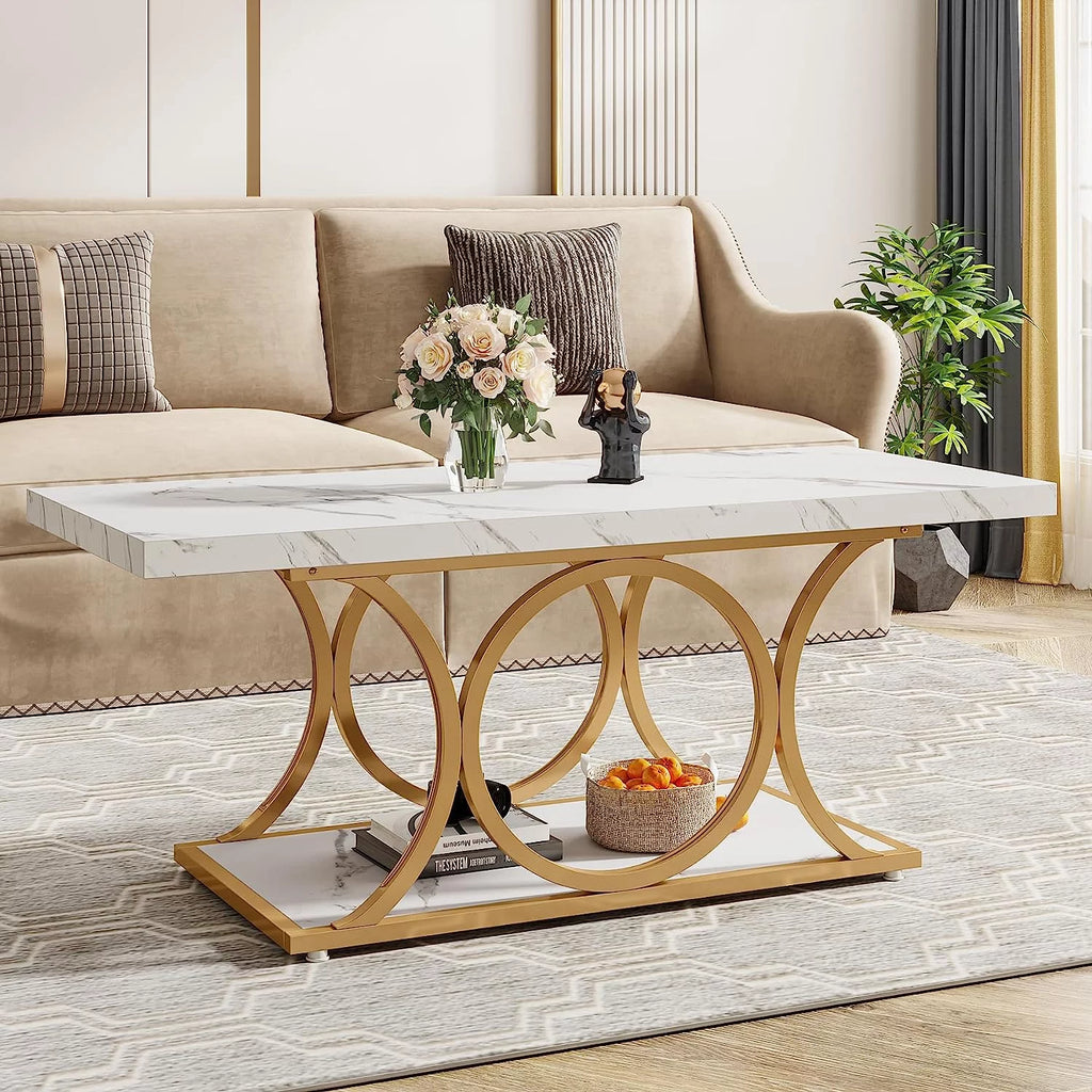 2-Tier Faux Marble Wood Coffee Table with Storage Shelf W84570