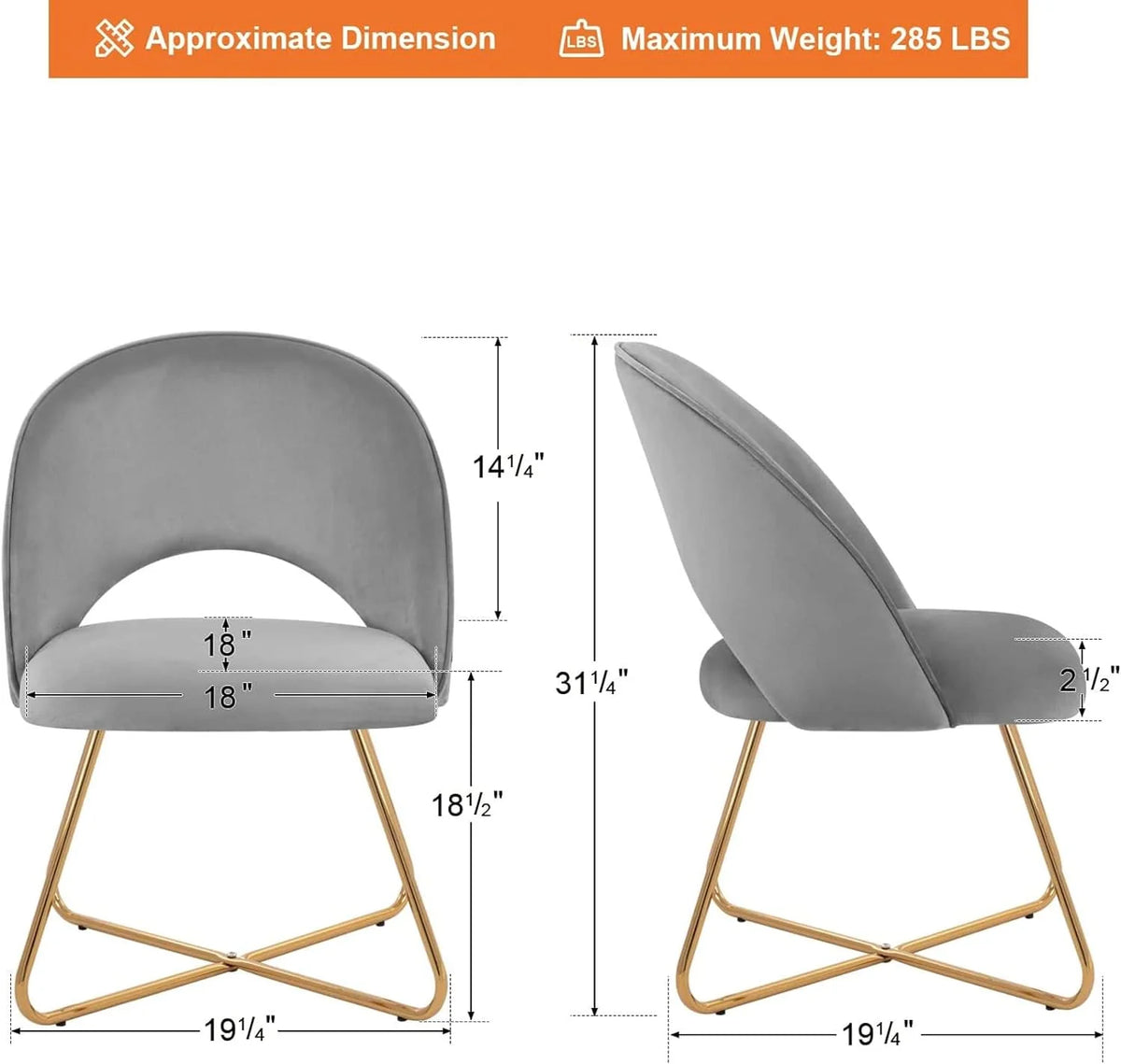 Lightgrey Velvet Upholstered Vanity Chair with Metal Legs S596