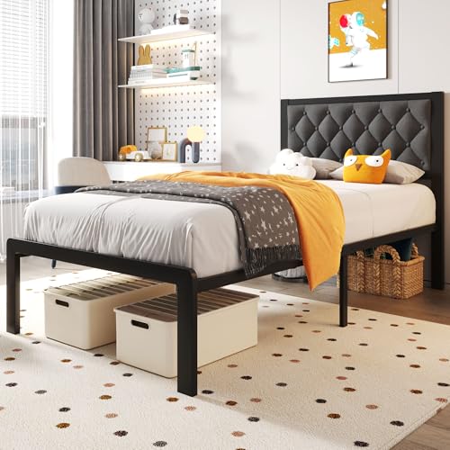 Queen Bed Frame with Headboard PU Leather Upholstered Platform Bed Frame with Storage Space Black N702741