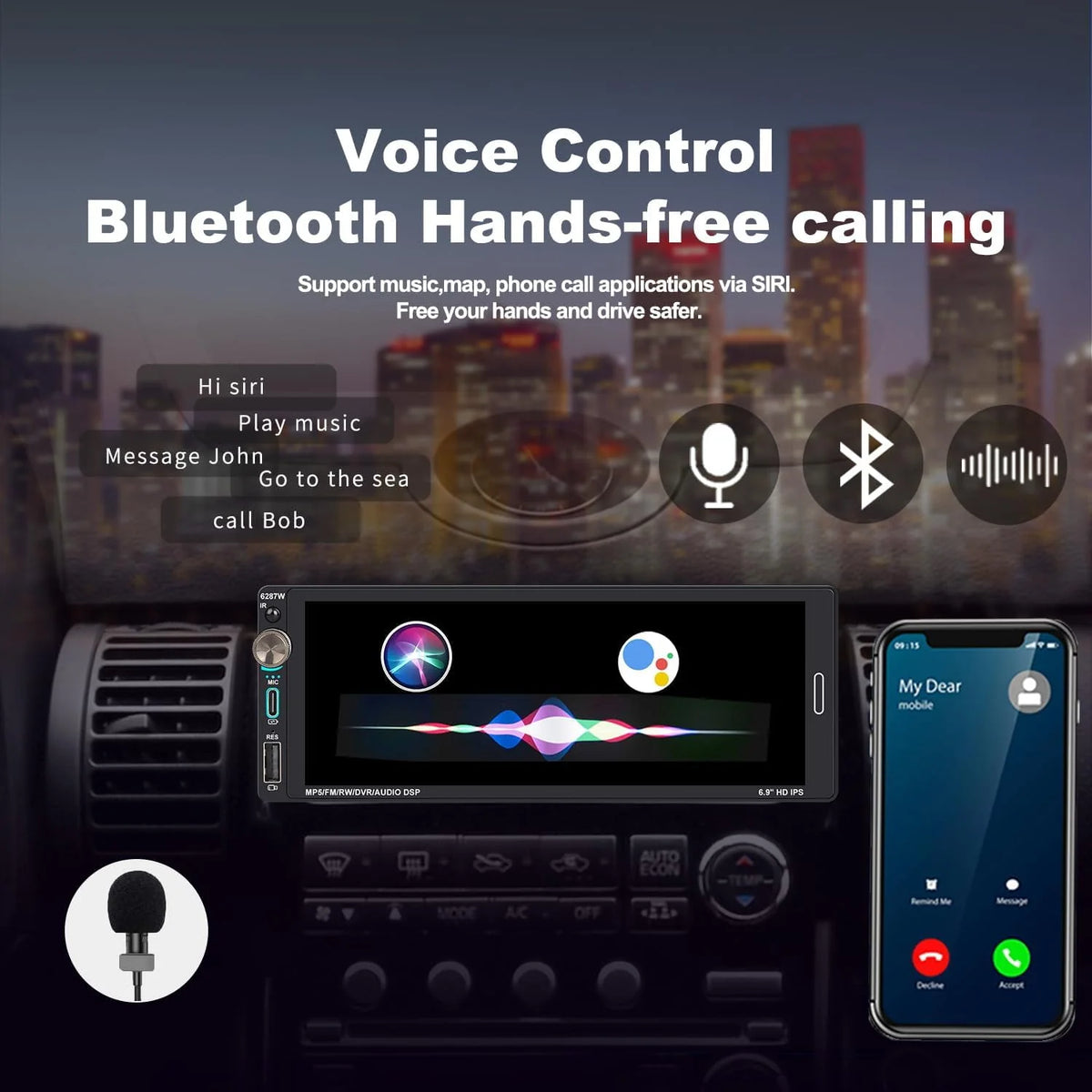 Single Din Car Stereo with Apple CarPlay Android Auto 6.9 inch Touchscreen Bluetooth P466