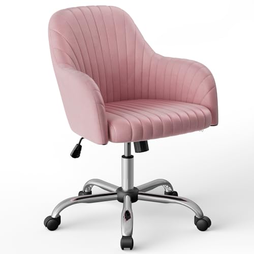 Pink Velvet Upholstered Swivel Office Chair with Arms Q6514