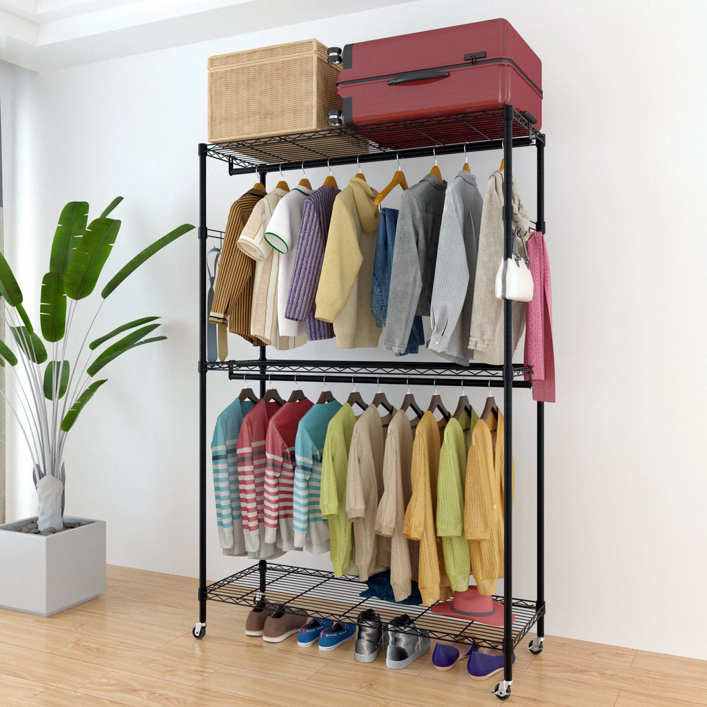 Black 2-Tier Rolling Garment Rack with Double Clothes Rod J91773