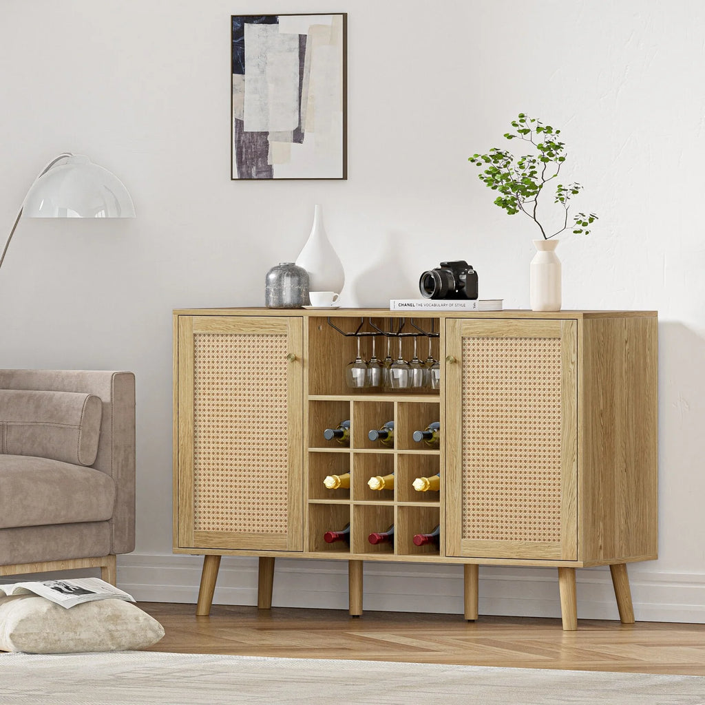 Oak Rattan Wine Bar Cabinet with Wine Rack and Glass Holder W714