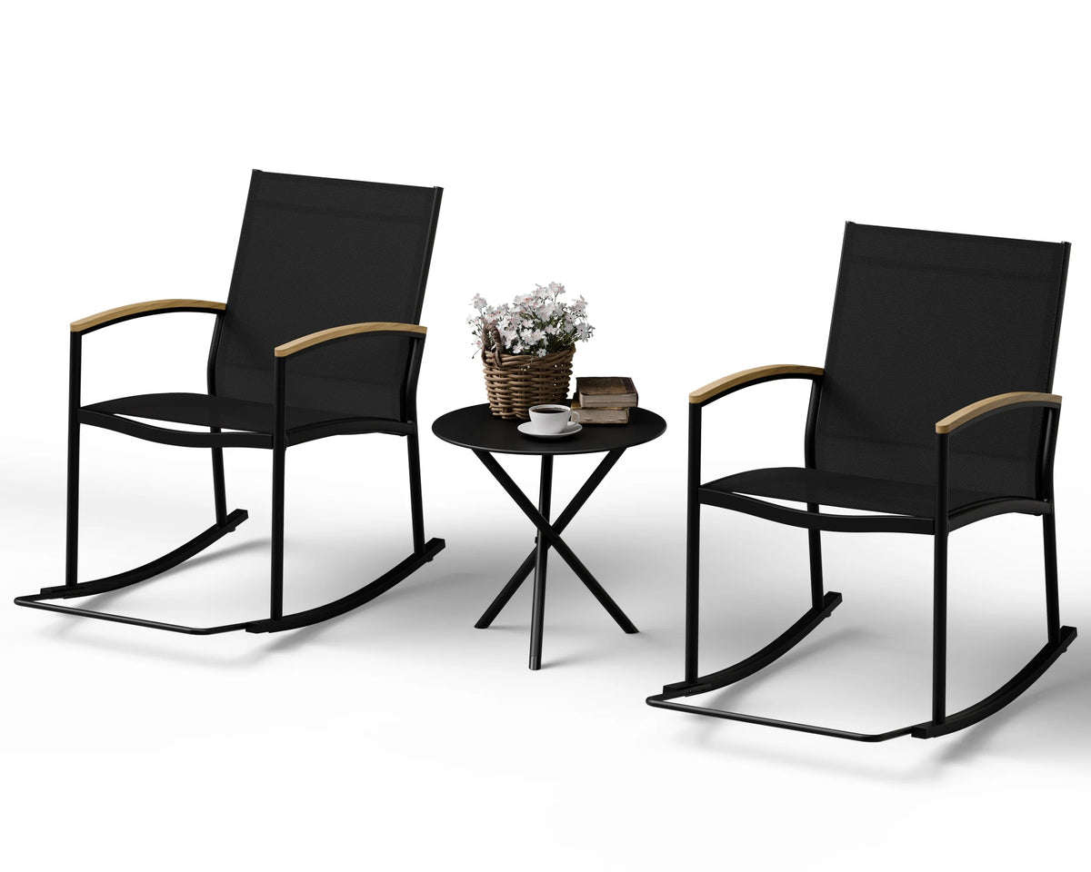 3 Pieces Patio Set Rocking Bistro Textilene Chair Black I3325