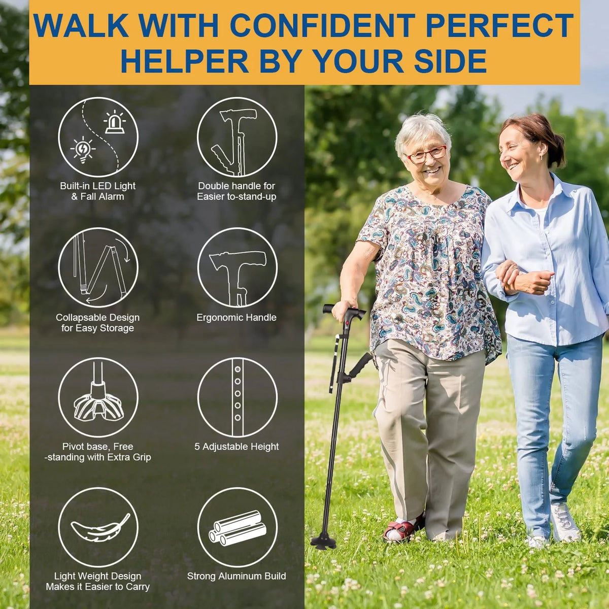 Folding Walking Canes with LED Flashlight and Fall Alarm N369