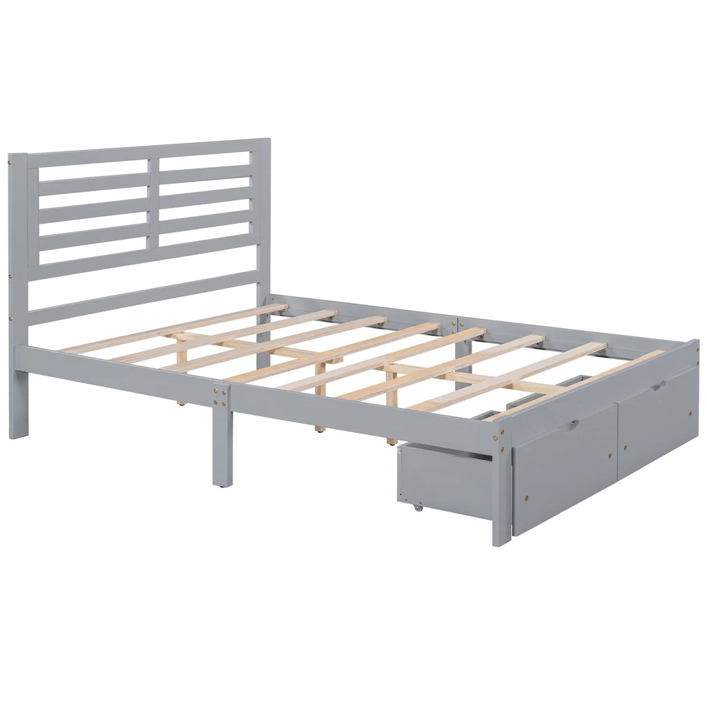 Gray Pine Wood Full Size Platform Bed Frame with Headboard and Drawers T7985