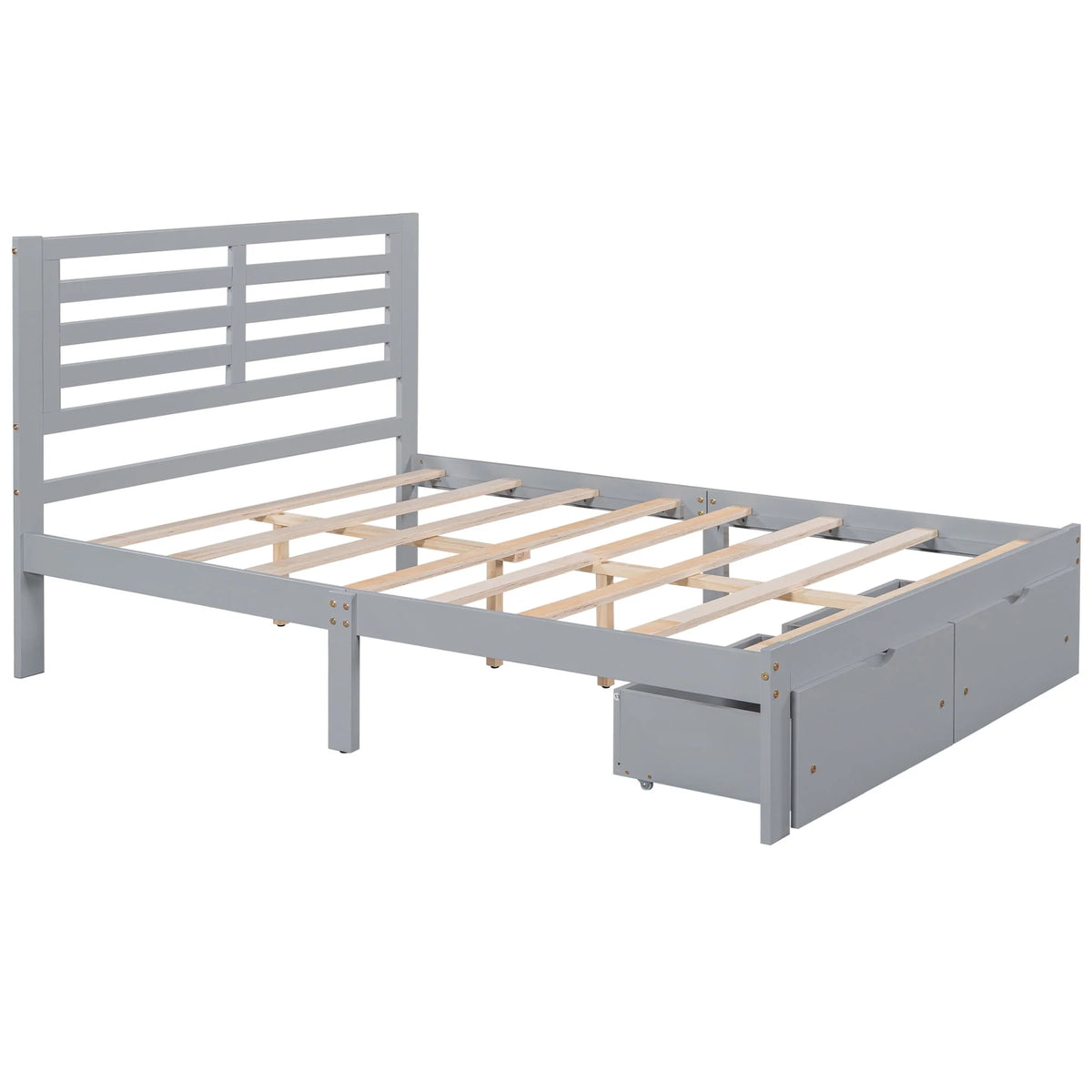 Gray Pine Wood Full Size Platform Bed Frame with Headboard and Drawers T7985