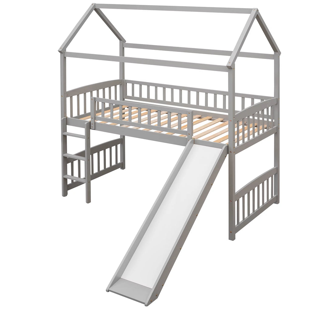 Gray Twin Wood Loft Bed with Slide and Ladder D7418