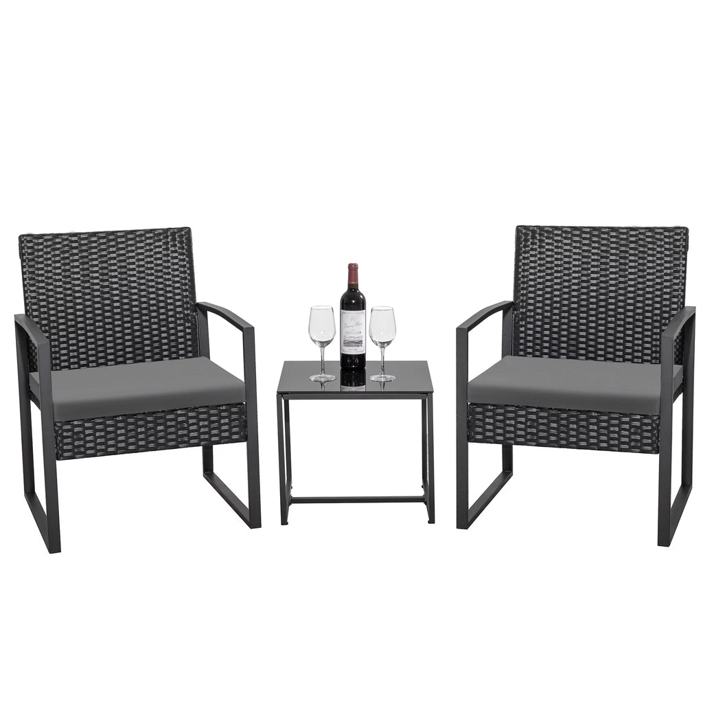 Black 3-Piece Wicker Bistro Chair Set with Coffee Table Y186