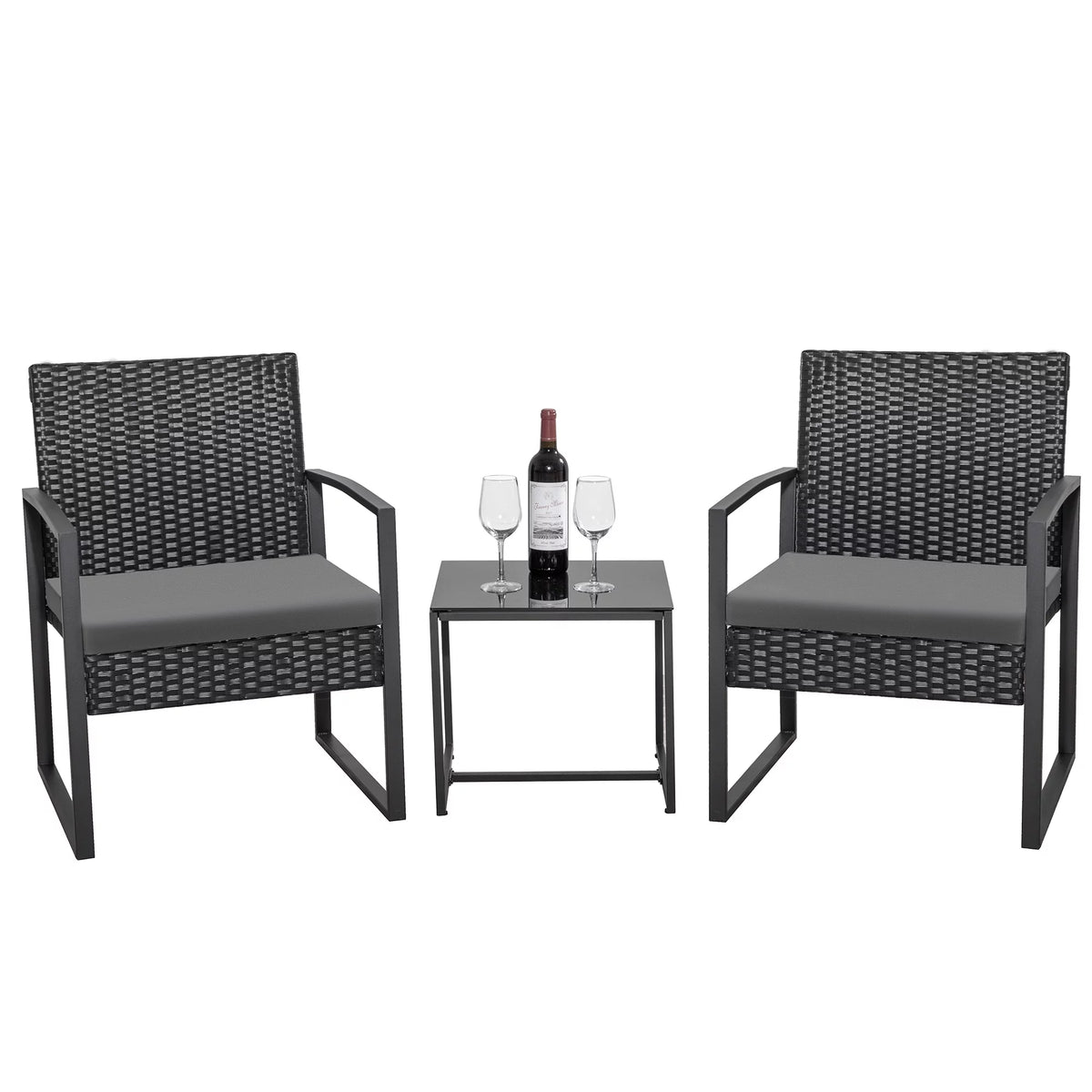 Black 3-Piece Wicker Bistro Chair Set with Coffee Table Y186