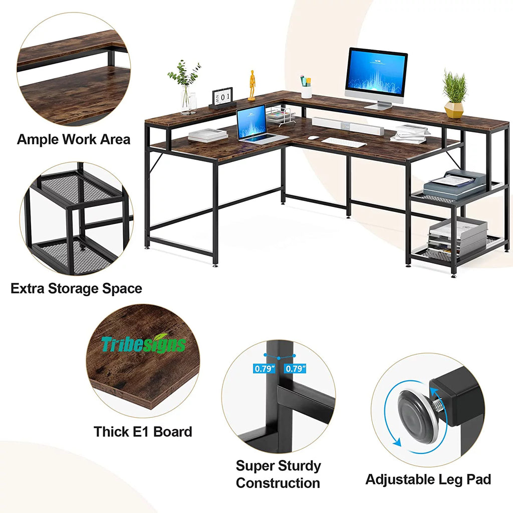 69" Reversible L Shaped Corner Computer Desk with Monitor Stand Z84010