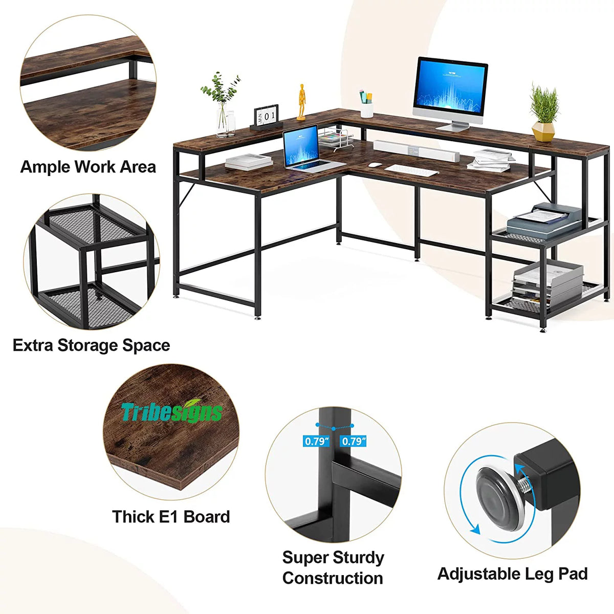 69" Reversible L Shaped Corner Computer Desk with Monitor Stand Z84010