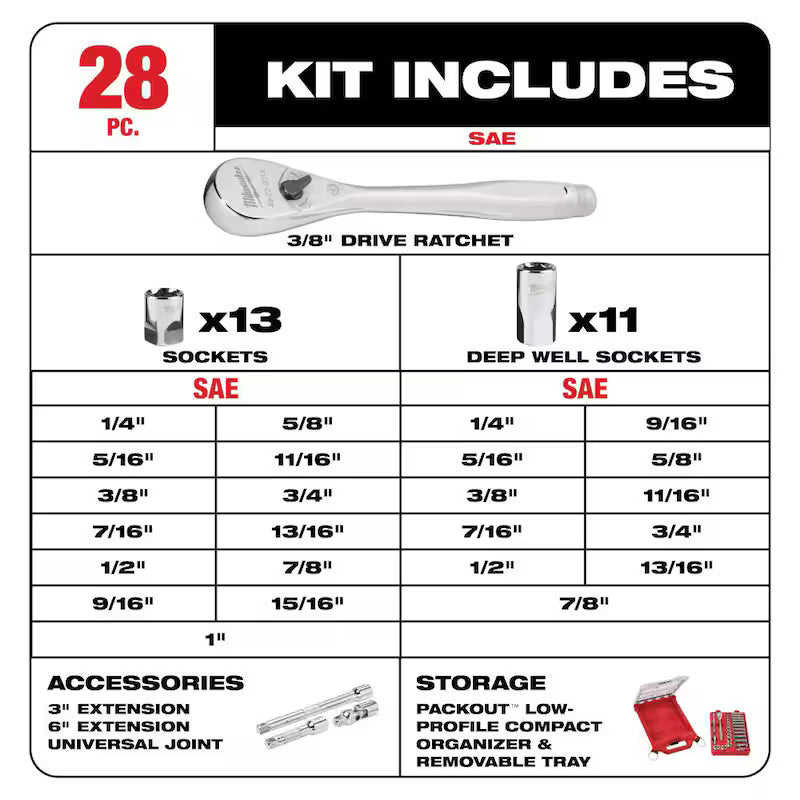 3/8 in. Drive SAE Ratchet and Socket Mechanics Tool Set (28-Piece) I2542