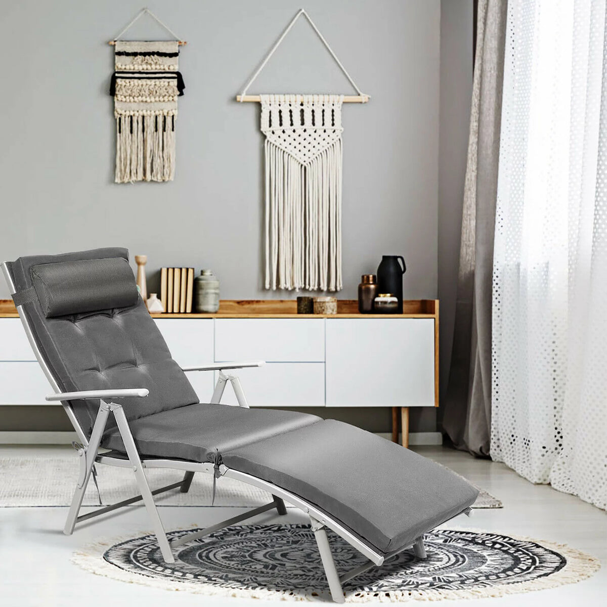 Black Outdoor Folding Chaise Lounge Chair with Cushion I9013