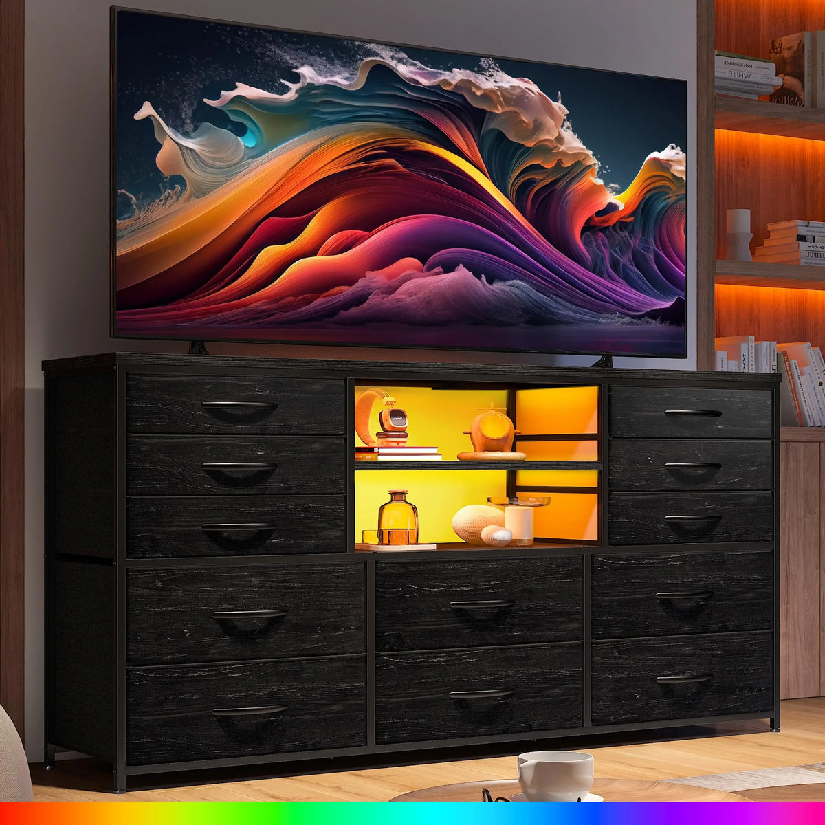 Black TV Stand with 12 Fabric Drawers A681