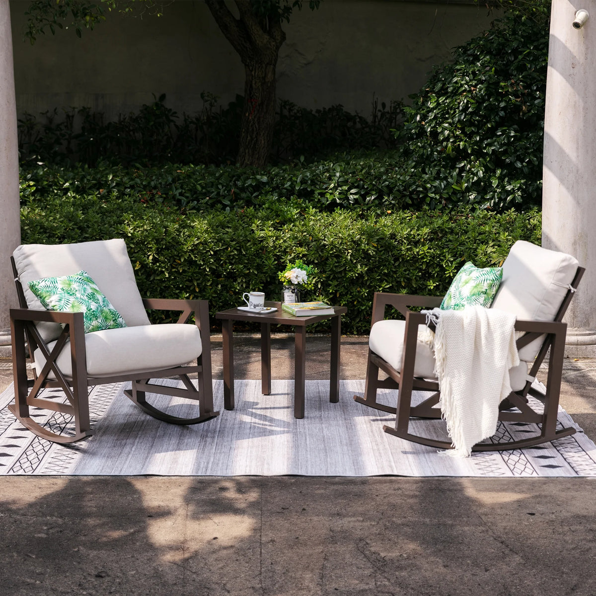 3 Piece Outdoor Rocking Bistro Set with 2 Rockers and 1 Metal Coffee Table P56551