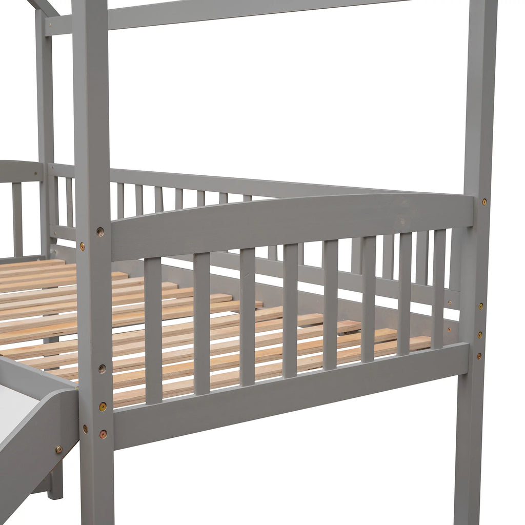 Gray Twin Wood Loft Bed with Slide and Ladder D7418