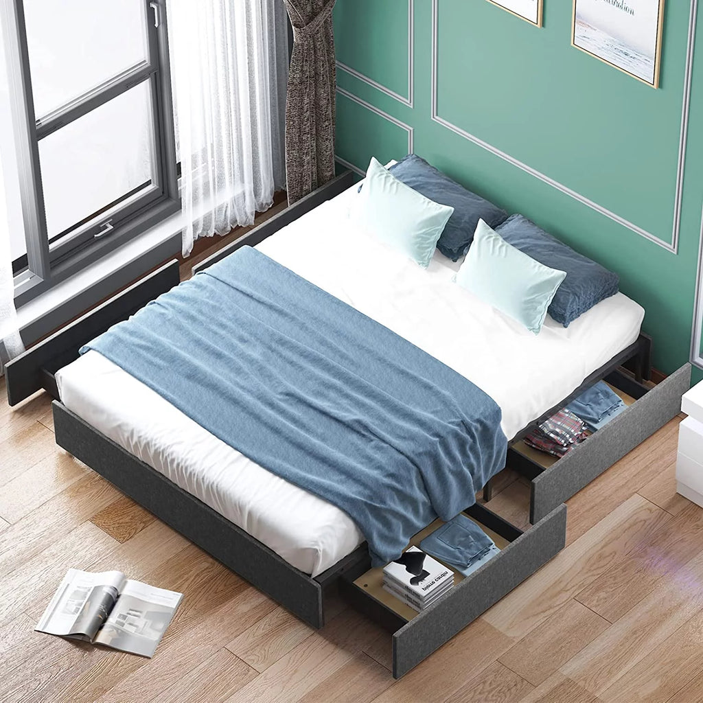 Cal King Size Platform Bed Frame with 4 Storage Drawers Cotton Linen Fabric Dark Grey K5516