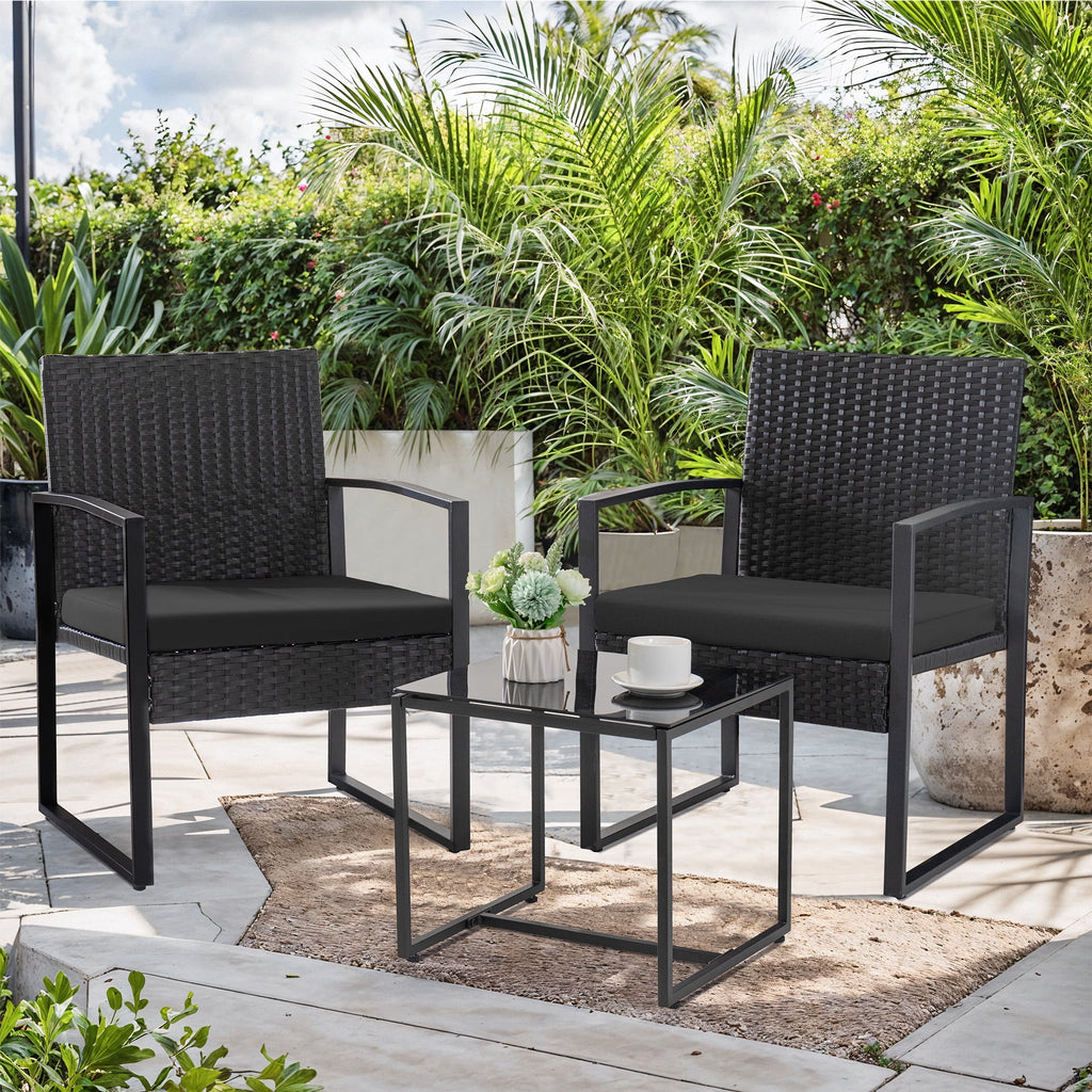 Black 3-Piece Wicker Bistro Chair Set with Coffee Table Y186