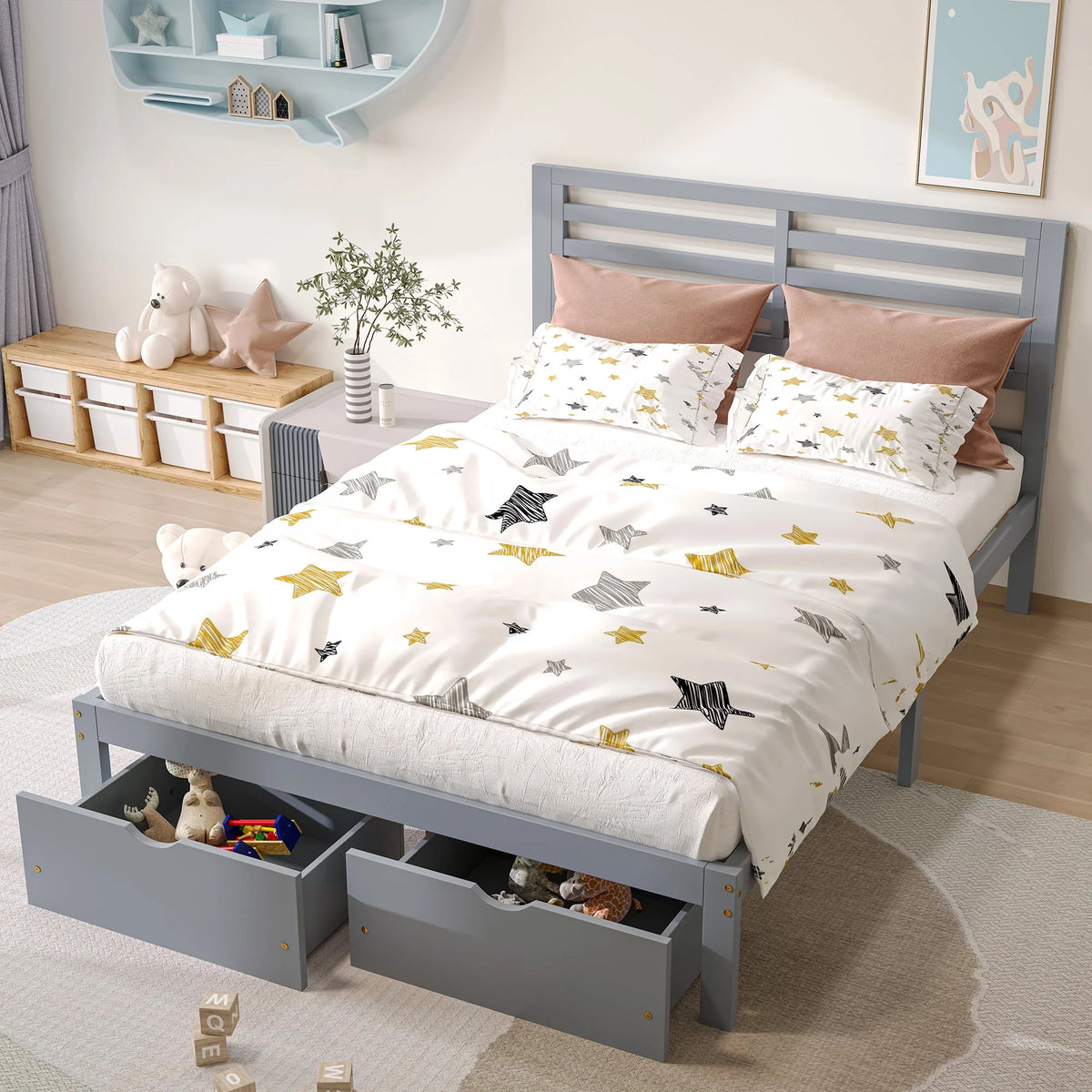 Gray Pine Wood Full Size Platform Bed Frame with Headboard and Drawers T7985