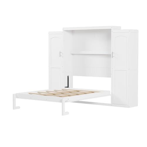 Queen Murphy Bed with 2 Wardrobes and Storage Shelf White Z70358