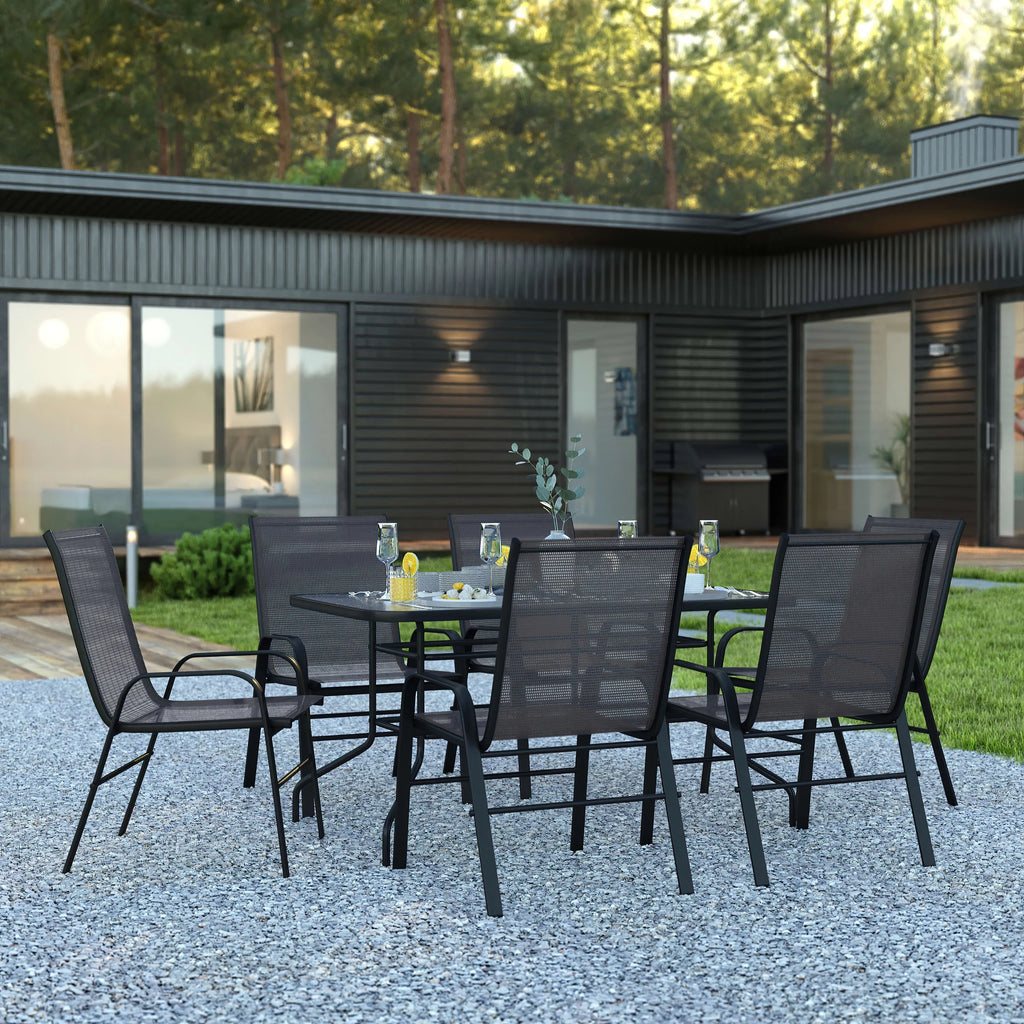 7-Piece Black Rippled Glass Patio Table Set with 6 Chairs O94948