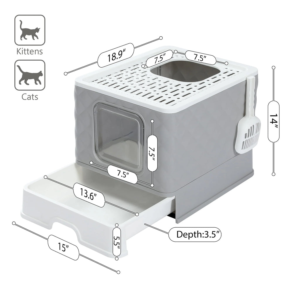 Enclosed Cat Litter Box with Lid Drawer Type Gray N2316