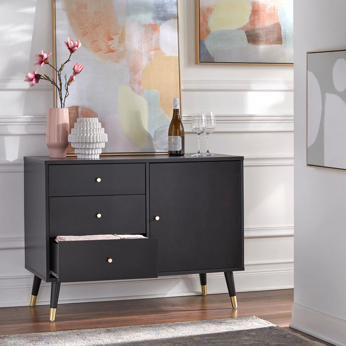 Black Mid Century Modern Dining Sideboard Buffet V60218