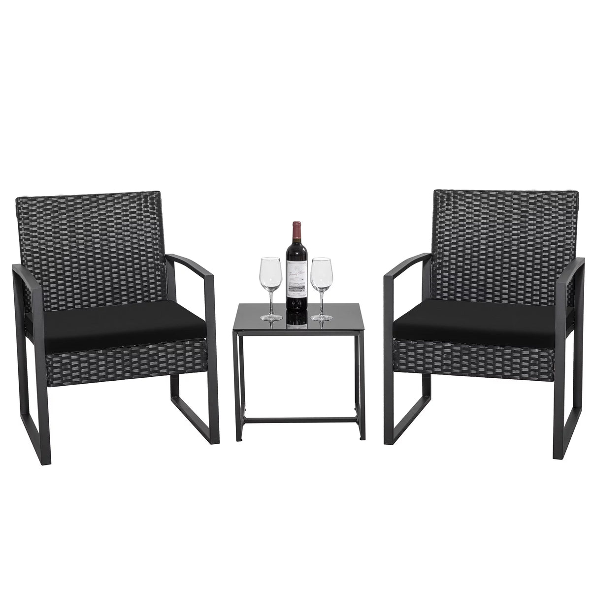 Black 3-Piece Wicker Bistro Chair Set with Coffee Table Y186