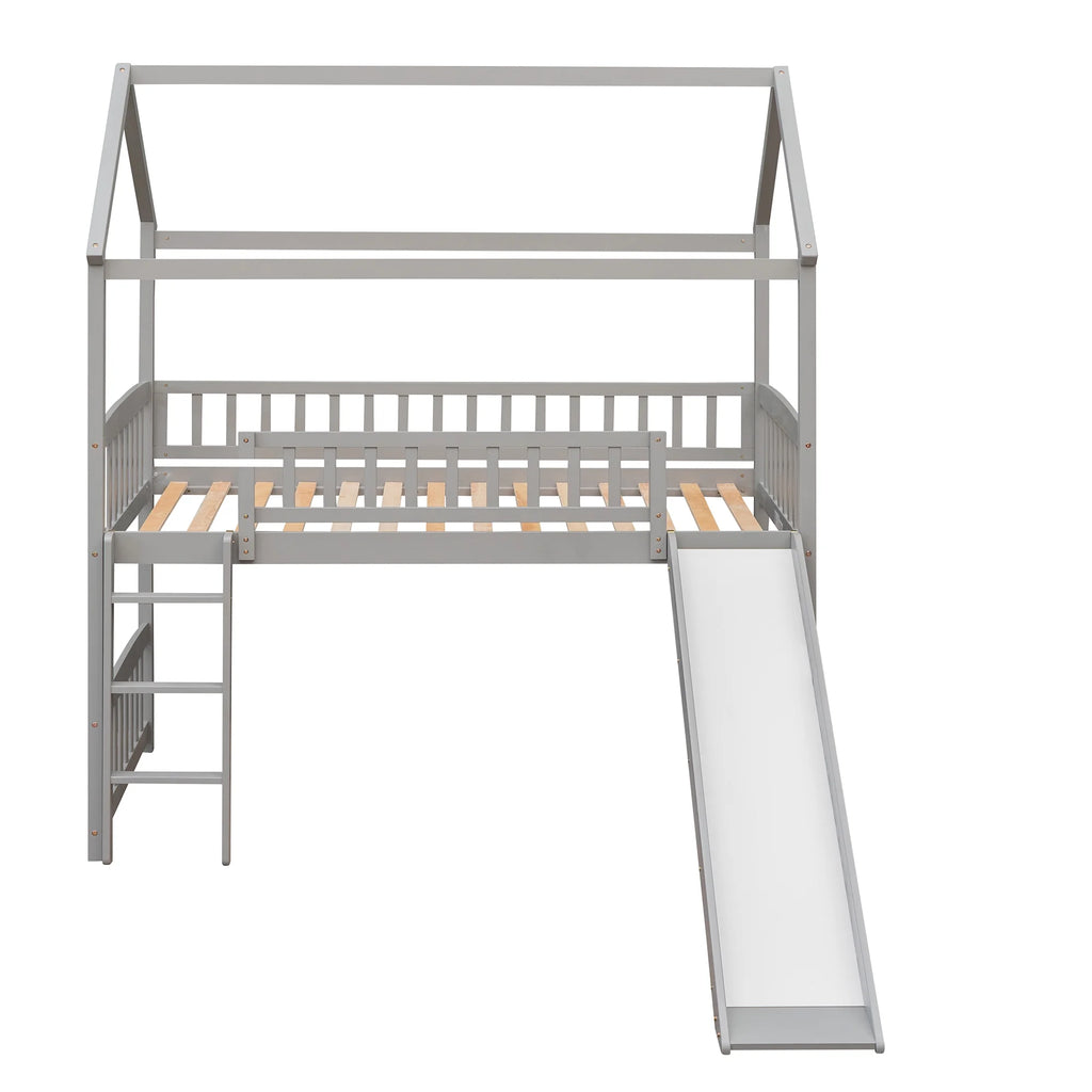 Gray Twin Wood Loft Bed with Slide and Ladder D7418