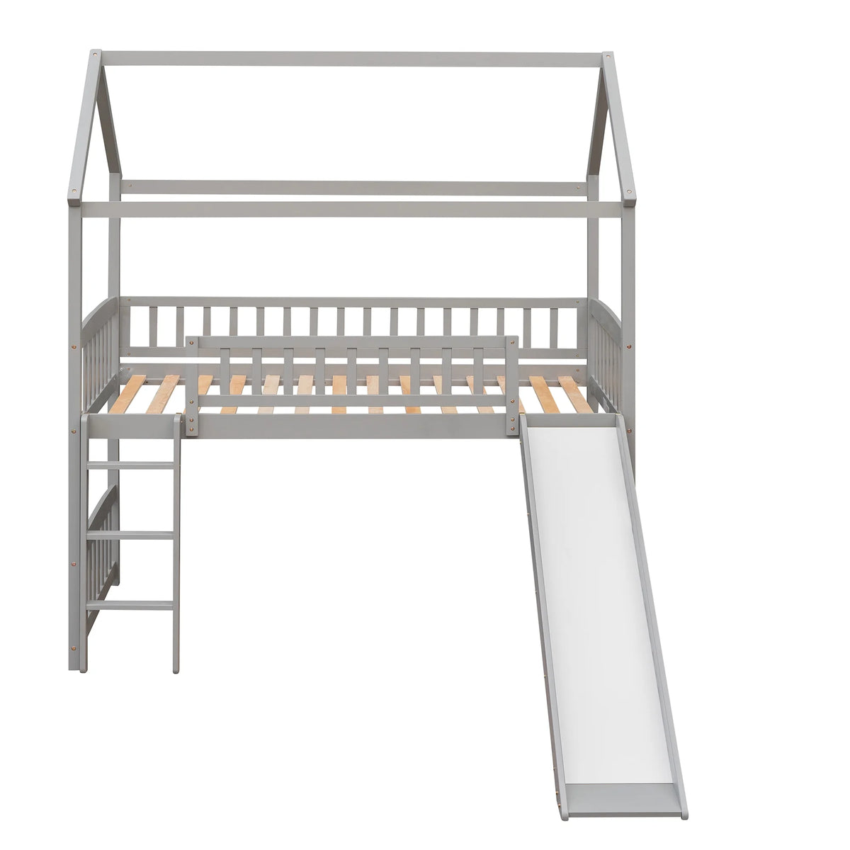Gray Twin Wood Loft Bed with Slide and Ladder D7418