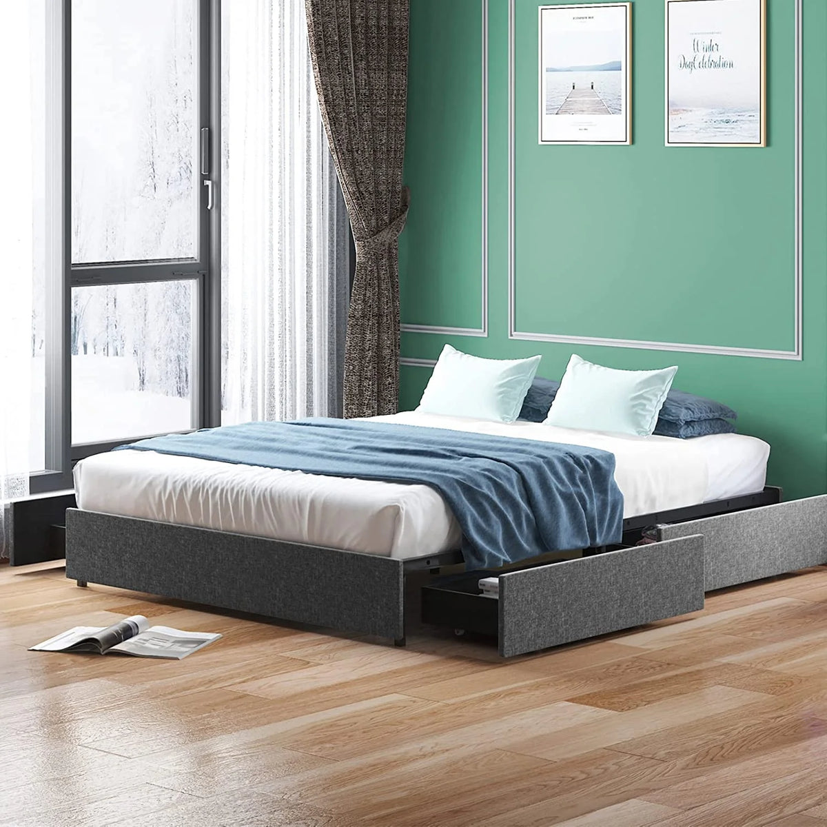 Cal King Size Platform Bed Frame with 4 Storage Drawers Cotton Linen Fabric Dark Grey K5516