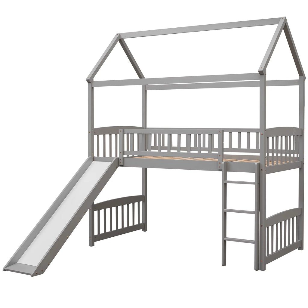 Gray Twin Wood Loft Bed with Slide and Ladder D7418