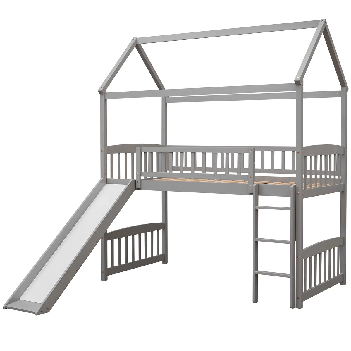 Gray Twin Wood Loft Bed with Slide and Ladder D7418