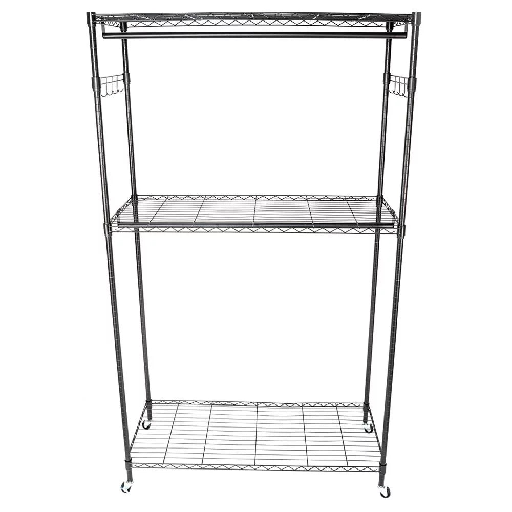 Black 2-Tier Rolling Garment Rack with Double Clothes Rod J91773