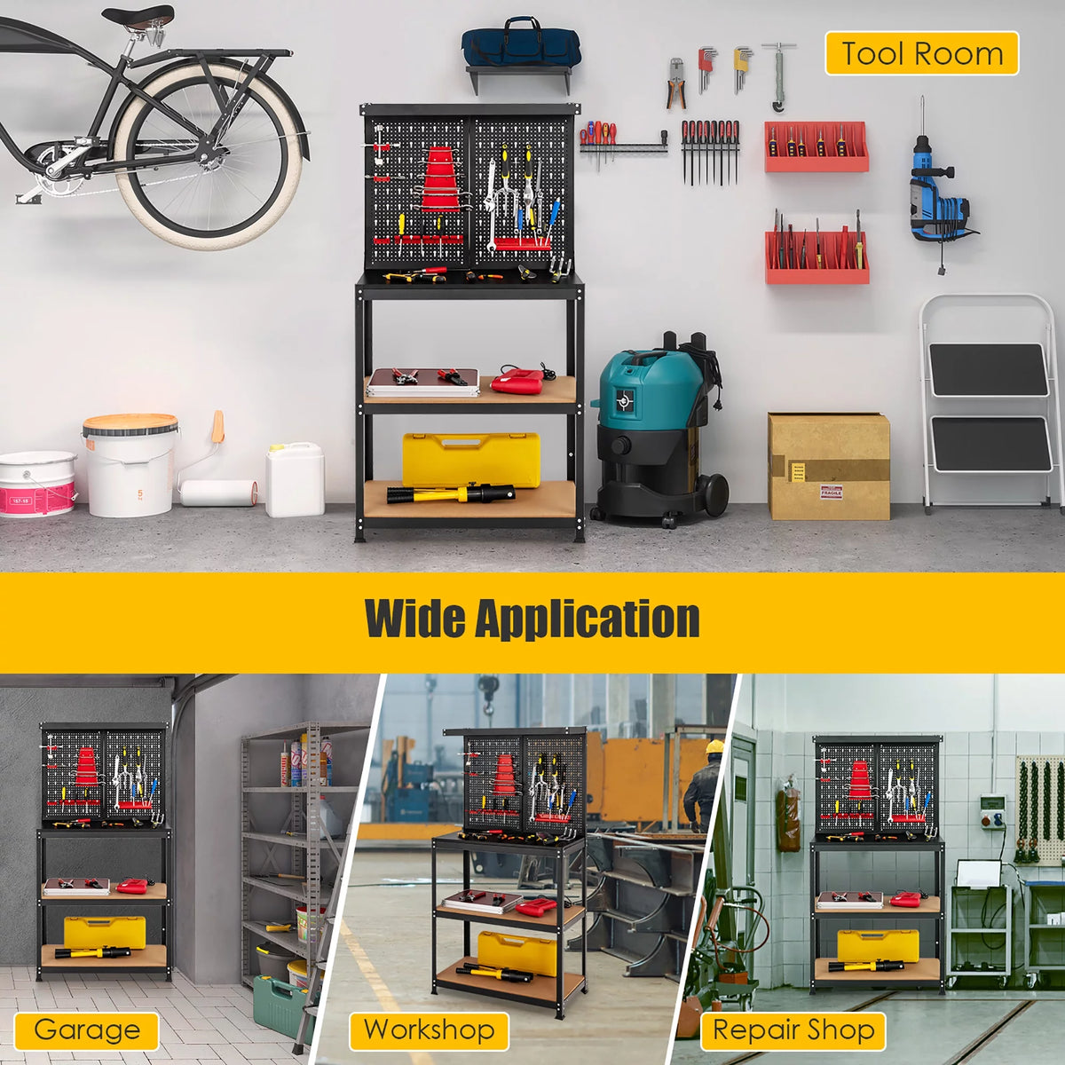 Tool Storage Workbench 4 Shelf Worktable with Peg Board Q877011